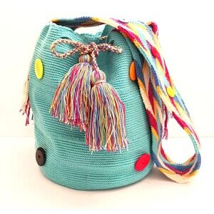 Wayuu Mochilla Turquoise Woven Bucket Crossbody Multicolor Strap Button Accents